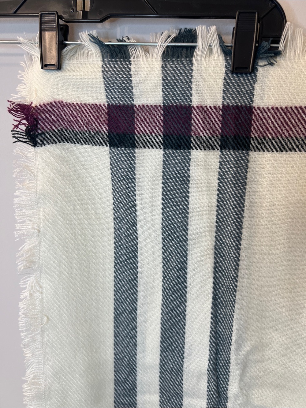 Cream Plaid Fringe Wrap Scarf with Black, Charcoal and Burgundy Accents - Picture 3 of 3